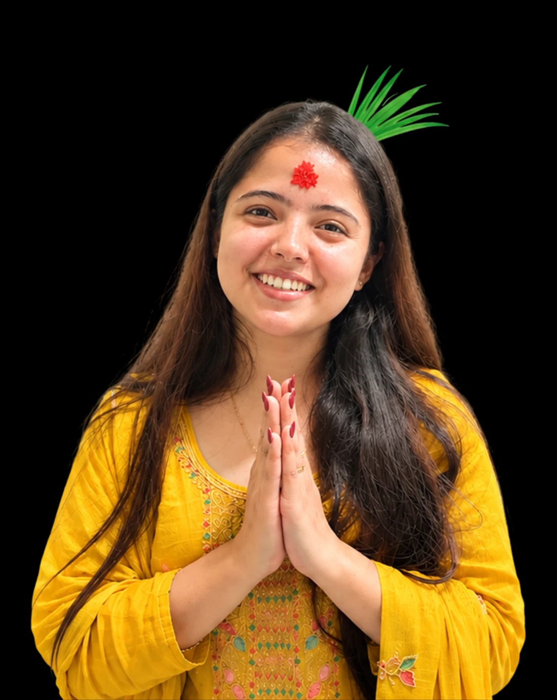 A Sarthii AI learner greeting with namaste, wearing a Dashain tika