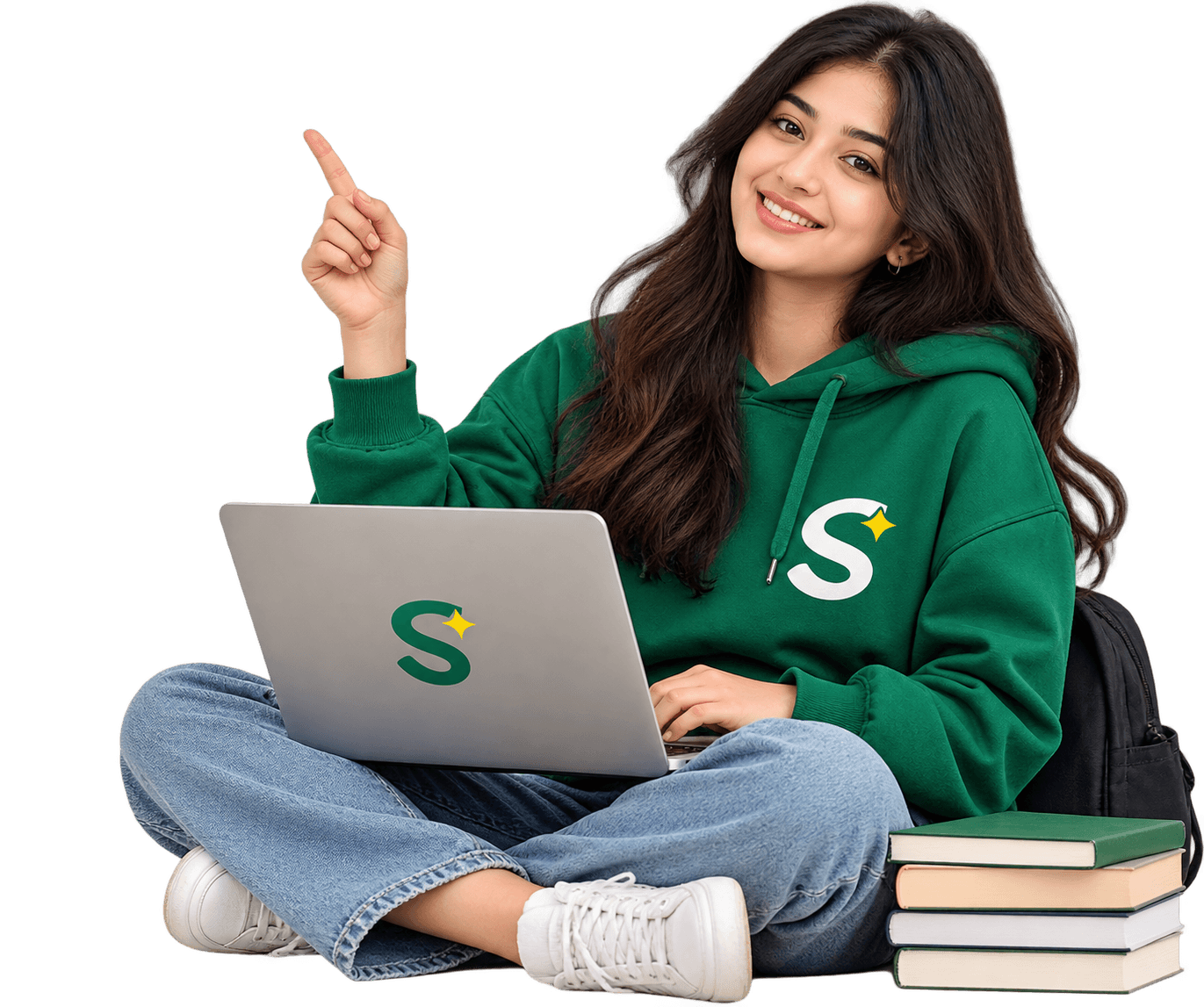 A Sarthii AI learner in a green Sarthii hoodie working on a laptop