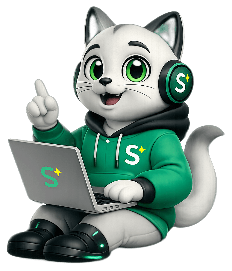 The Sarthii AI mentor mascot, a cat in a green Sarthii hoodie working on a laptop